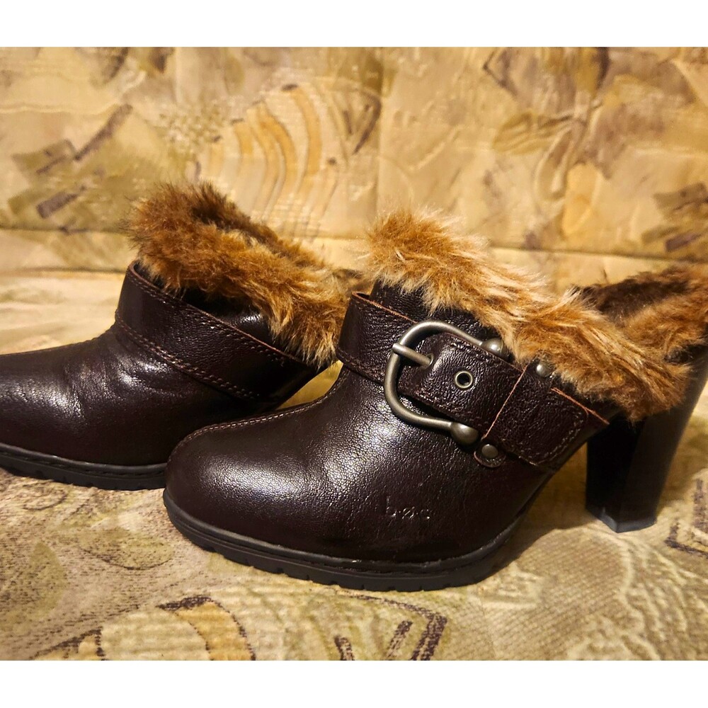 BOC Born Concept Womens 7 Dark Brown Faux Fur Trim Heeled Mule Clogs Buckle Y2K